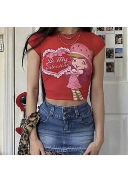 Y2K Be My Valentine Girl Baskılı Kırmızı Crop Bluz
