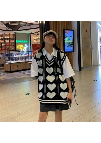 Touz Kawaii Harajuku Kalp Desenli V Yaka Oversize Süveter