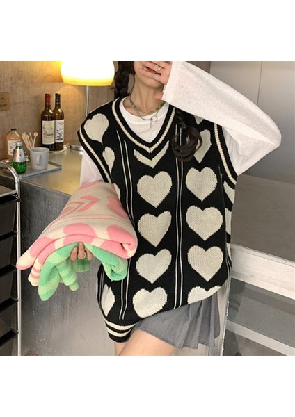 Touz Kawaii Harajuku Kalp Desenli V Yaka Oversize Süveter