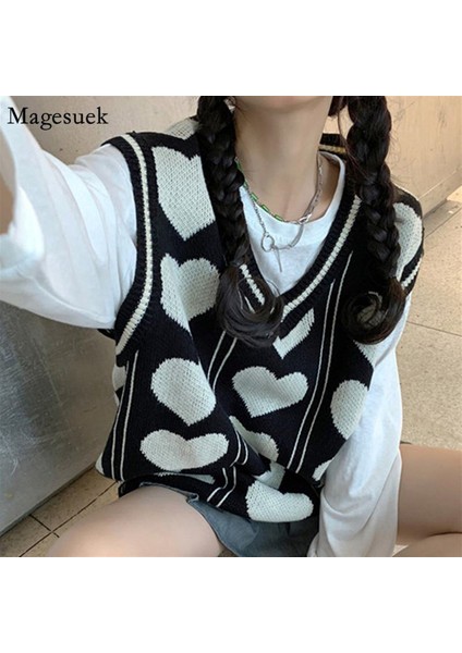 Touz Kawaii Harajuku Kalp Desenli V Yaka Oversize Süveter