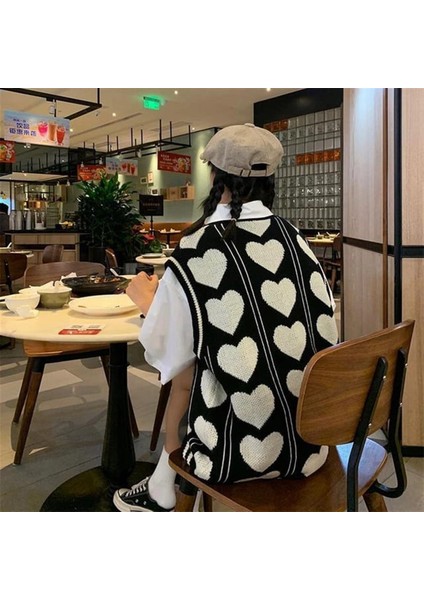 Touz Kawaii Harajuku Kalp Desenli V Yaka Oversize Süveter