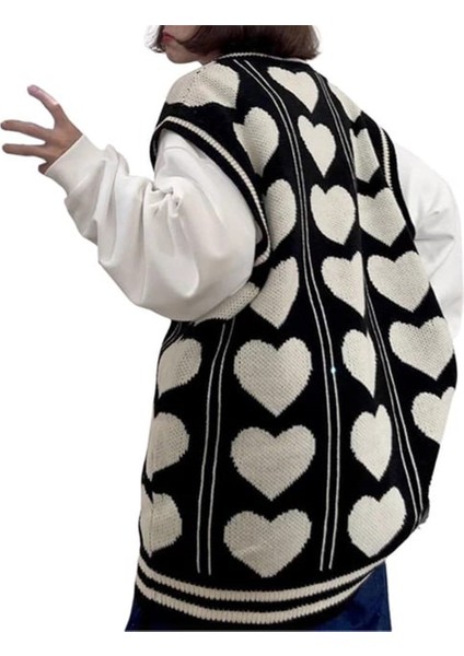 Touz Kawaii Harajuku Kalp Desenli V Yaka Oversize Süveter