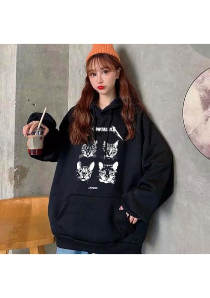 Meowtallica Baskılı Siyah Unisex Oversize Kapüşonlu Sweatshirt