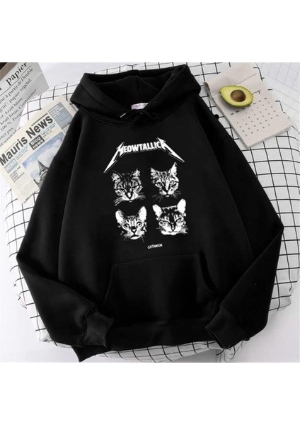 Meowtallica Baskılı Siyah Unisex Oversize Kapüşonlu Sweatshirt