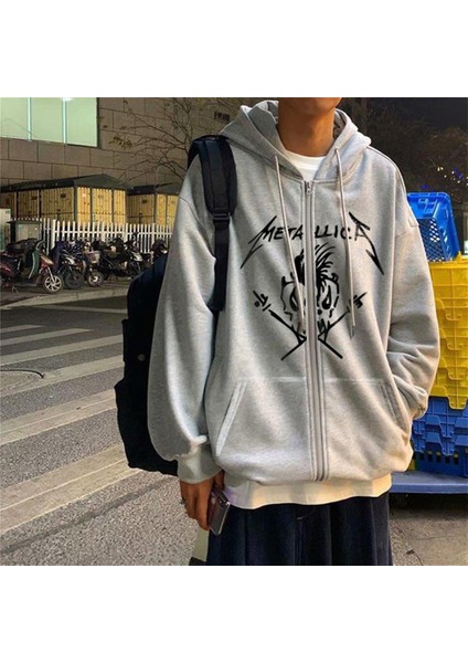 Metallica Skull Baskılı Oversize Fermuarlı Gri Unisex Kapüşonlu Hırka