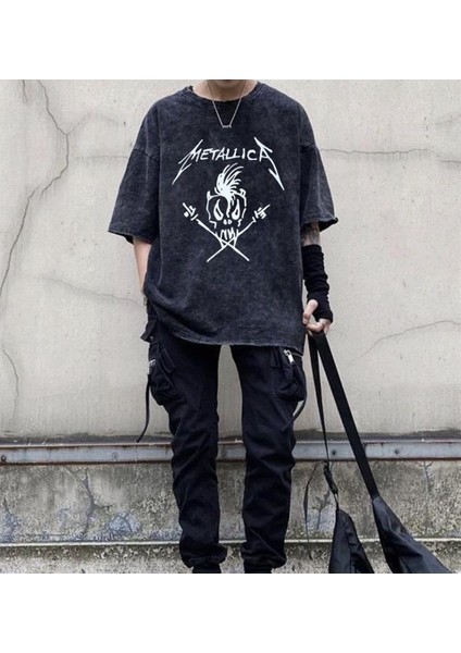 Metallica Skull Yıkmalı Eskitme T-Shirt