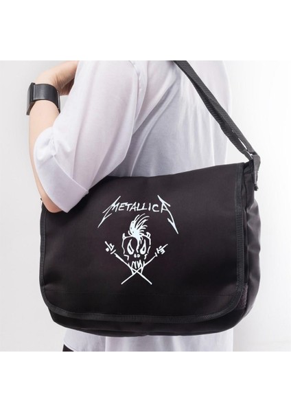 Rock Serisi - Metallica Skull Baskılı Unisex Siyah Postacı Çantası