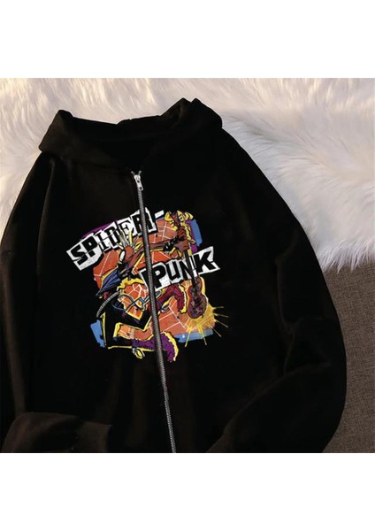 Spider Punk Baskılı Oversize Fermuarlı Siyah Unisex Kapüşonlu Hırka