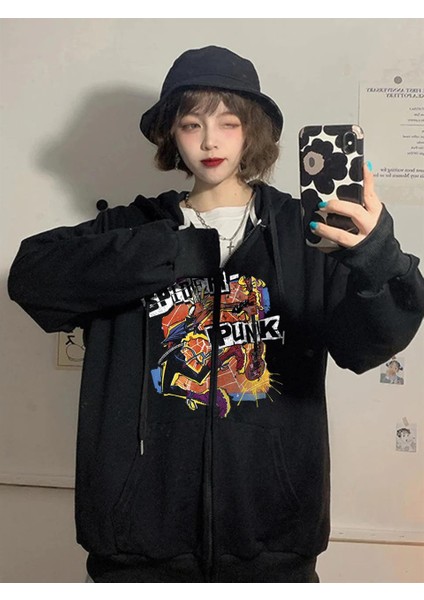 Spider Punk Baskılı Oversize Fermuarlı Siyah Unisex Kapüşonlu Hırka