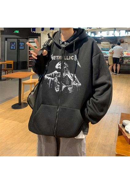 Metallica Skeleton Baskılı Oversize Fermuarlı Siyah Unisex Kapüşonlu Hırka