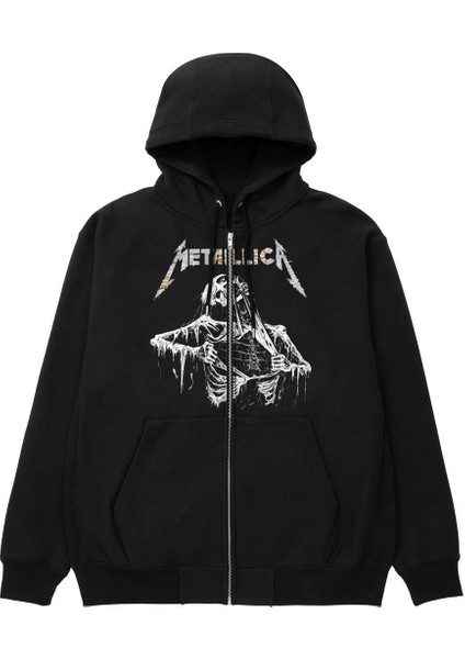 Metallica Skeleton Baskılı Oversize Fermuarlı Siyah Unisex Kapüşonlu Hırka
