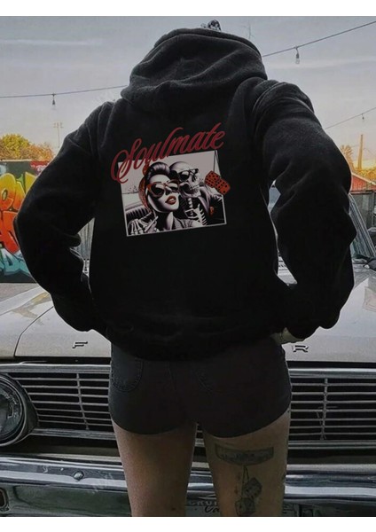 Soul Mate Baskılı Siyah Kapşonlu Sweatshirt