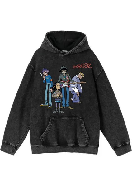 Yıkamalı Kumaş Rock Serisi Gorillaz Kapüşonlu Hoodie Sweatshirt