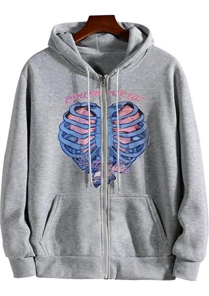 Ronronner Cat Rib Baskılı Oversize Fermuarlı Gri Unisex Kapüşonlu Hırka