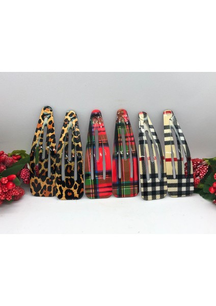Çıtçıtlı Saç Tokası Seti 6'lı (Kırmızı Ekoseli-Krem Ekoseli-Leoparlı)