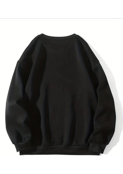 Shark Baskılı Siyah Unisex Oversize Bisiklet Yaka Sweatshirt