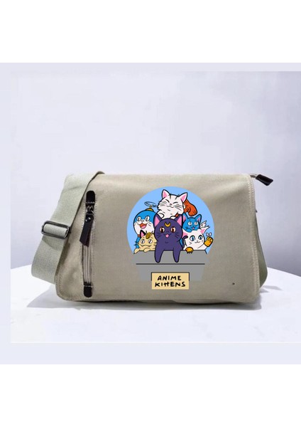 Anime Cats Baskılı Unisex Bej Postacı Çantası