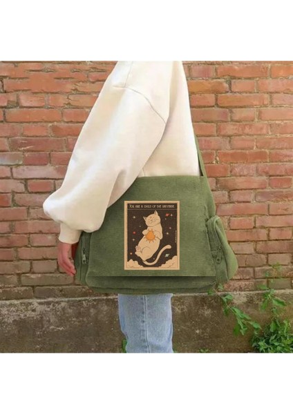 Cute Cat Unisex Yeşil Postacı Çantası