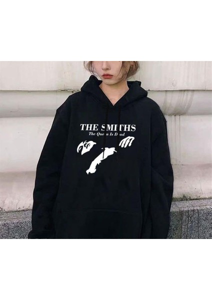 The Smiths Baskılı Siyah Unisex Oversize Kapüşonlu Sweatshirt
