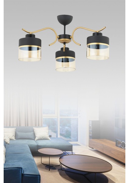 Sinem 3 Lü Modern Plf (Siyah Eskitme) Bal Camlı Salon Mutfak Yatak Odası Genç Odası Avize