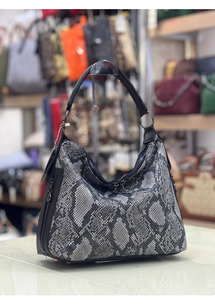 Ön Gövdesi Hakiki Deri Yılan Desen Mix Model Salaş Kadın El-Omuz Çantası