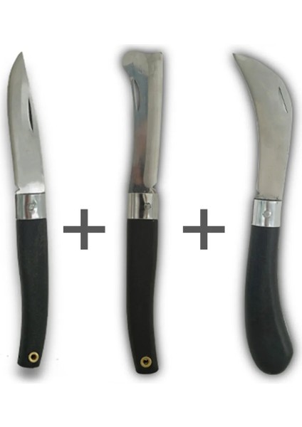 Düz Aşı Bıçağı Bağ Bıçağı 3'lü Set Paslanmaz Takkalı Ceviz Aşı Çakısı 21CM Plastik Saplı