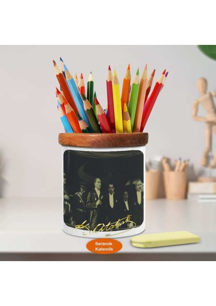 Asil Lider Mustafa Kemal Atatürk Ahşap Seramik KALEMLIK-W18 fiyatları