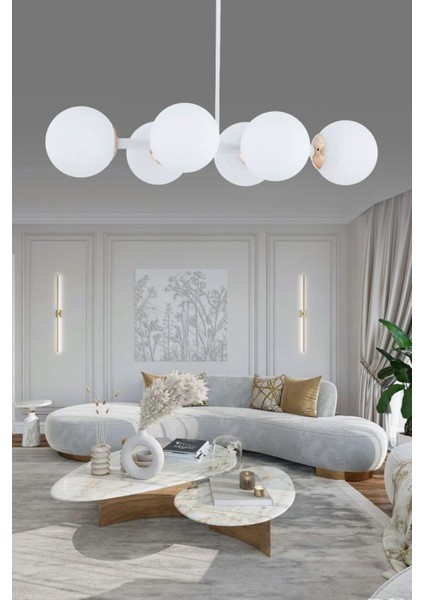 Luxury Modern Tasarım Beyaz 6'li Beyaz Glop Camlı Avize