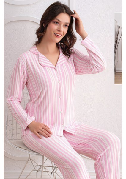 Renk ve Desen Seçenekli Dokuma Kumaş Önden Düğmeli Kadın Pijama Takımı 69751