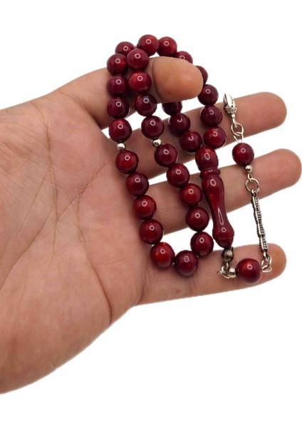 Bordo Renk Küre Kesim Toz Kehribar Tesbih
