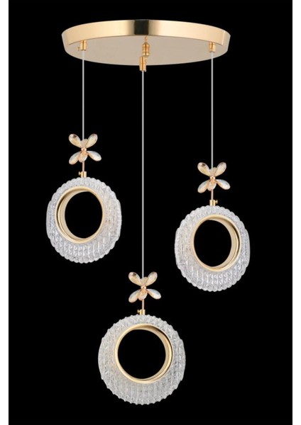 Halka 3'lü Gold 3 Renk Ledli Kristal Taşlı Modern LED Avize