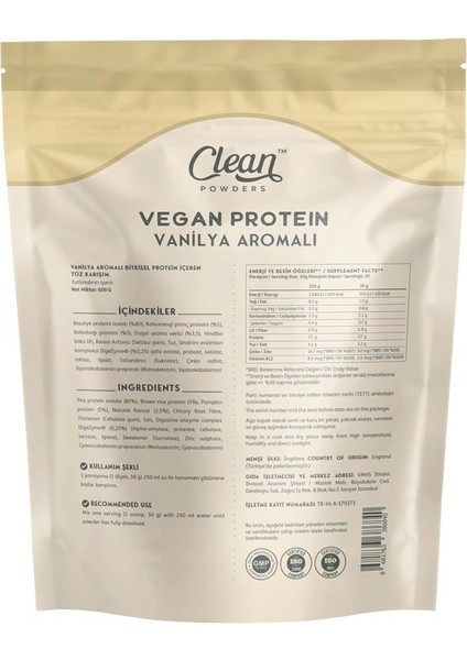 Powders Vegan Protein 600 gr Vanilya Aromalı 22 gr Protein İçeren Doğal Besin fiyatları