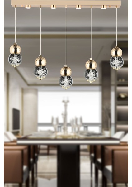 Sasha 5'li Sıralı 3 Renkli 57 Watt Gold Kristal Ledli Modern Oturma Odası Salon Sarkıt Avize