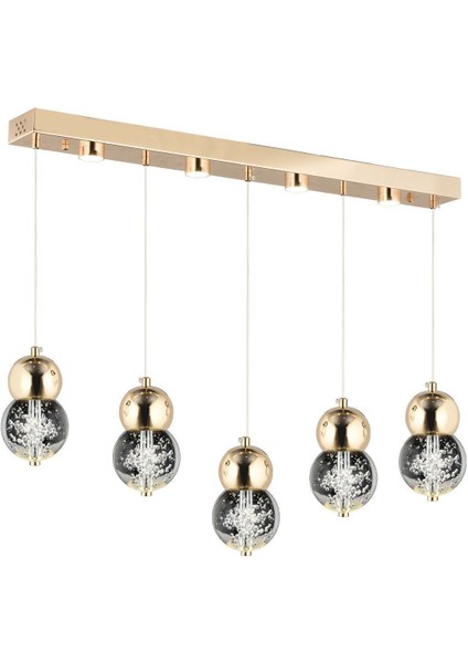 Sasha 5'li Sıralı 3 Renkli 57 Watt Gold Kristal Ledli Modern Oturma Odası Salon Sarkıt Avize