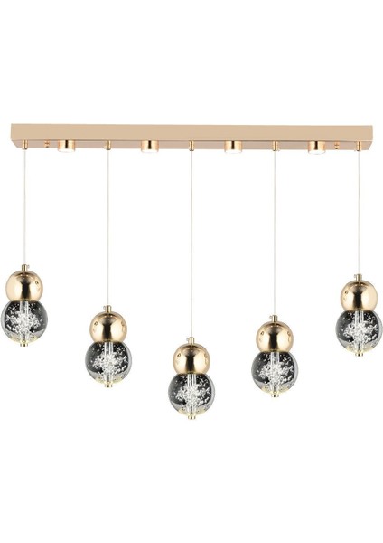 Sasha 5'li Sıralı 3 Renkli 57 Watt Gold Kristal Ledli Modern Oturma Odası Salon Sarkıt Avize