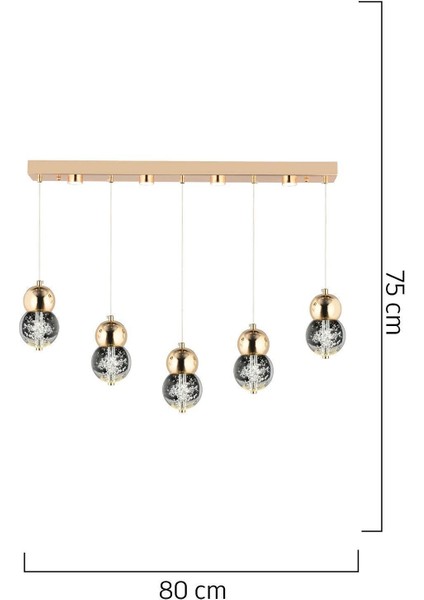 Sasha 5'li Sıralı 3 Renkli 57 Watt Gold Kristal Ledli Modern Oturma Odası Salon Sarkıt Avize