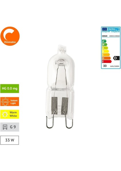 G9 Duy Kapsül Halojen Lamba - 66733 G9 Duy 220V 33W=40W Halopin Halojen Ampul fırsatları