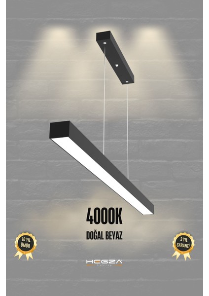 Lineer 120 cm ( Siyah Kasa, Doğal Beyaz Işık ) Sarkıt Modern LED Avize, Salon, Mutfak, Lineer Avize