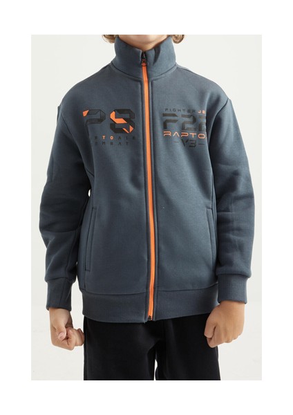 7-15 Yaş Erkek Çocuk Fermuarlı Dik Yaka Sırt Baskılı Şardonlu Sweatshirt 11021 Orman Yeşili