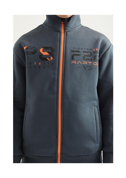 7-15 Yaş Erkek Çocuk Fermuarlı Dik Yaka Sırt Baskılı Şardonlu Sweatshirt 11021 Orman Yeşili modelleri