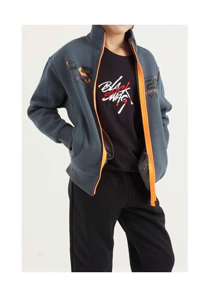 7-15 Yaş Erkek Çocuk Fermuarlı Dik Yaka Sırt Baskılı Şardonlu Sweatshirt 11021 Orman Yeşili indirimleri