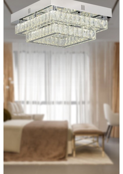 Modina 2 Katlı Krom Ledli 3 Renkli 70 Watt Kristalli Taşlı Modern Tasarım LED Kristal Salon Avize
