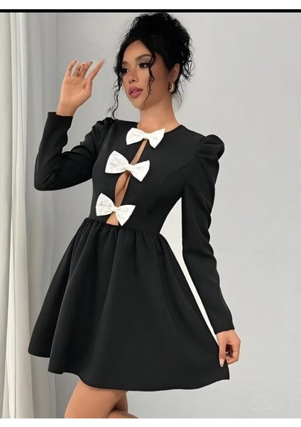 Aknbutik Kadın Dalgıç Kumaş Fiyonk Detaylı Uzun Kollu Mini Boy Elbise