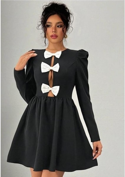 Aknbutik Kadın Dalgıç Kumaş Fiyonk Detaylı Uzun Kollu Mini Boy Elbise