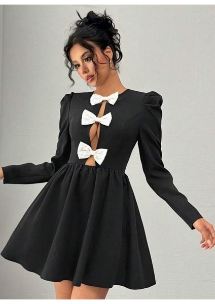 Aknbutik Kadın Dalgıç Kumaş Fiyonk Detaylı Uzun Kollu Mini Boy Elbise