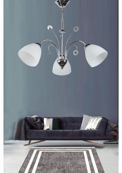 Idil Modern Krom Renk Beyaz Opal Camlı Salon - Mutfak - Yatak Odası 3 Lü Avize