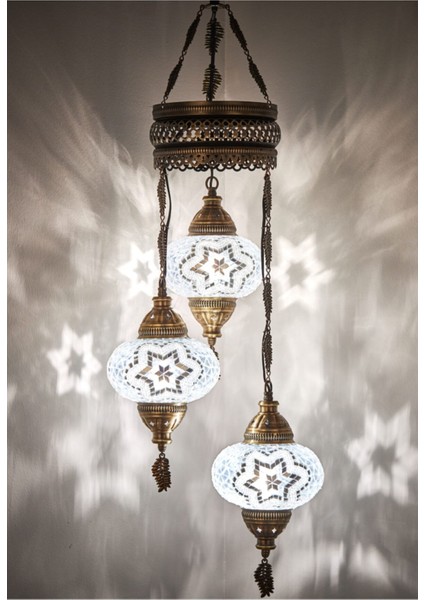 Mozaik Lamba Osmanlı Otantik Renkli Camlı El Yapımı Boho Sarkıt Avize, 3 Büyük Cam, 100 cm , Beyaz