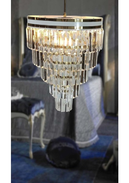 Avizade Matmazel Aksesuar Şeritli Beyaz Gold 40 cm Lik Kristal Taşlı Lüks Avize fiyatları
