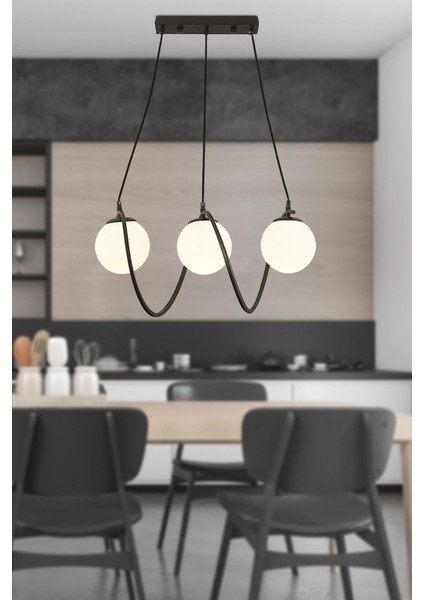 Jarry 3lü Beyaz Camlı Siyah Modern Tasarım Yemek Masası Üstü Salon Avize