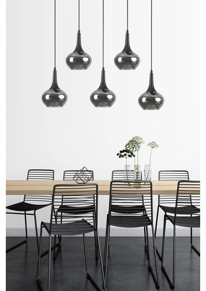 Nero Siyah Renkli Füme Camlı Modern Tasarım Yemek Masası Üstü Mutfak Salon Sıralı 5 Li Avize